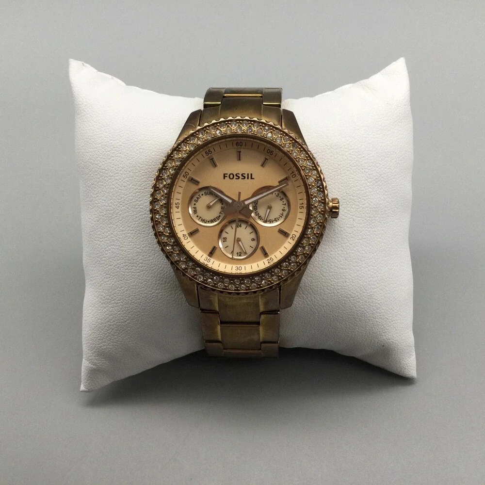 Fossil Watch Womens 38mm Gold Tone Stainless Steel ES3003 Day Date New Battery